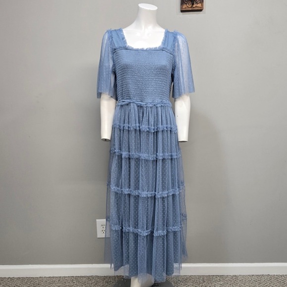 Baltic Born Dresses & Skirts - Baltic Born Bexley Tulle Midi Dress XL Dusty Blue Milkmaid Tiered Flutter Sleeve